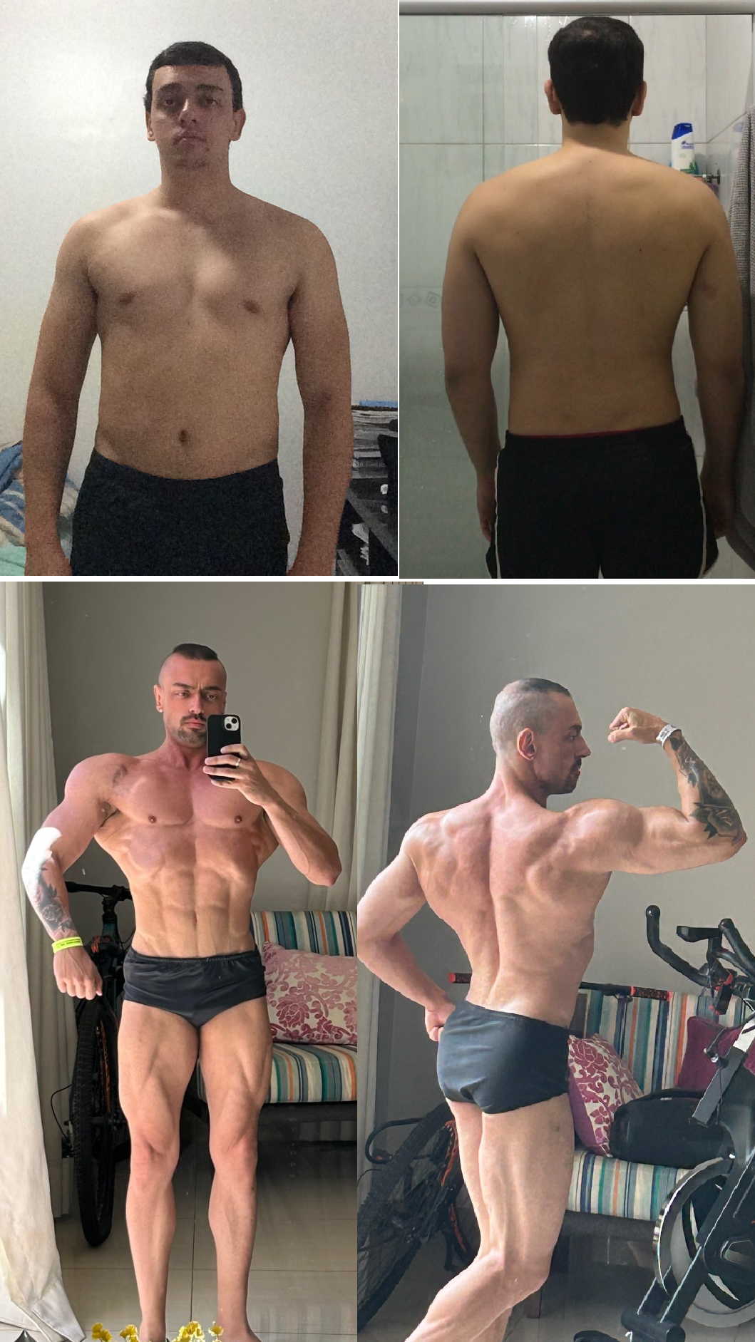 Comparação antes e depois de corpo inteiro, frente e costas