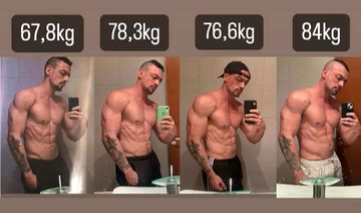 Evolução de peso corporal registrada em quatro fotos