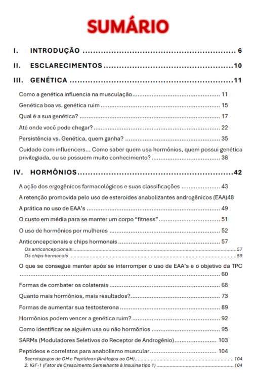 Sumário do livro: capítulos de Introdução, Esclarecimentos, Genética e Hormônios